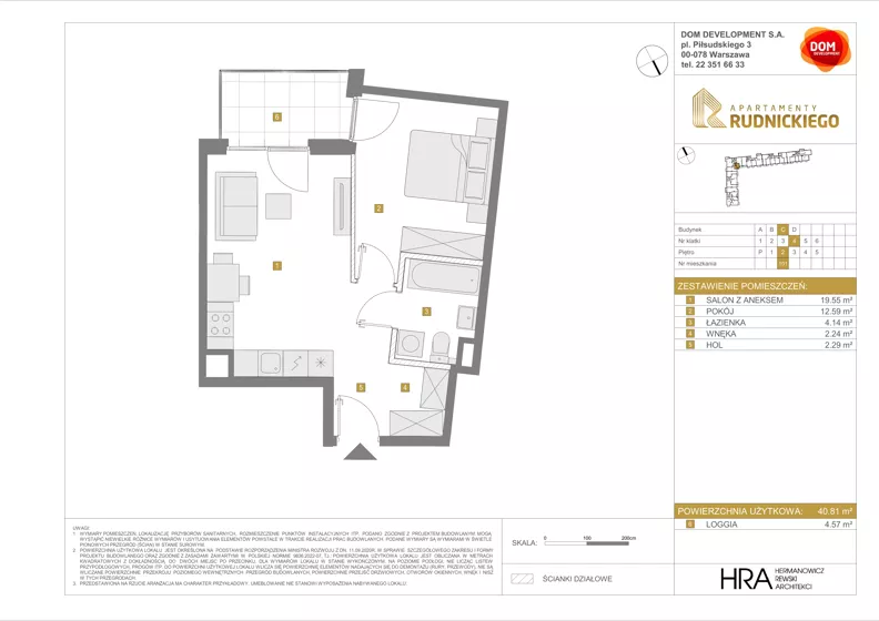 2 pokoje, mieszkanie 40,81 m², piętro 2, oferta nr C/101, Apartamenty Rudnickiego, Warszawa, Bielany, Piaski, ul. Rudnickiego 7