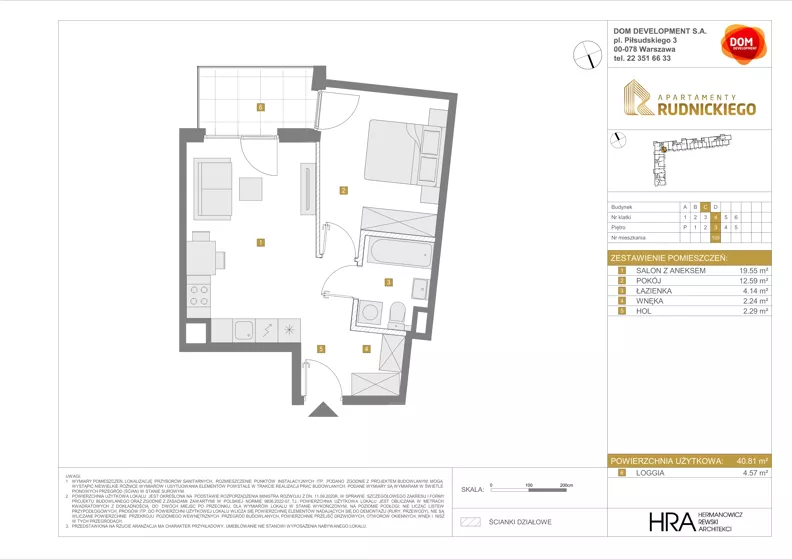2 pokoje, mieszkanie 40,81 m², piętro 3, oferta nr C/105, Apartamenty Rudnickiego, Warszawa, Bielany, Piaski, ul. Rudnickiego 7