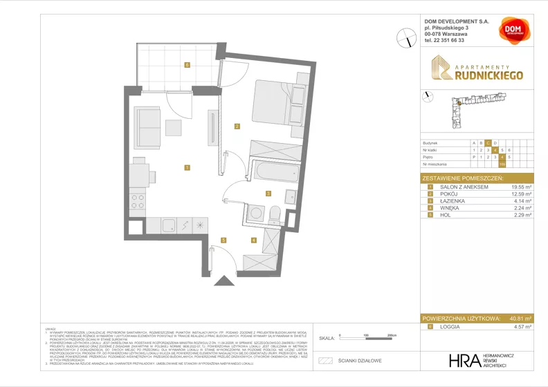 2 pokoje, mieszkanie 40,81 m², piętro 4, oferta nr C/109, Apartamenty Rudnickiego, Warszawa, Bielany, Piaski, ul. Rudnickiego 7
