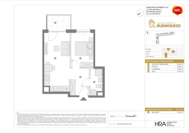 2 pokoje, mieszkanie 37,91 m², piętro 1, oferta nr C/120, Apartamenty Rudnickiego, Warszawa, Bielany, Piaski, ul. Rudnickiego 7