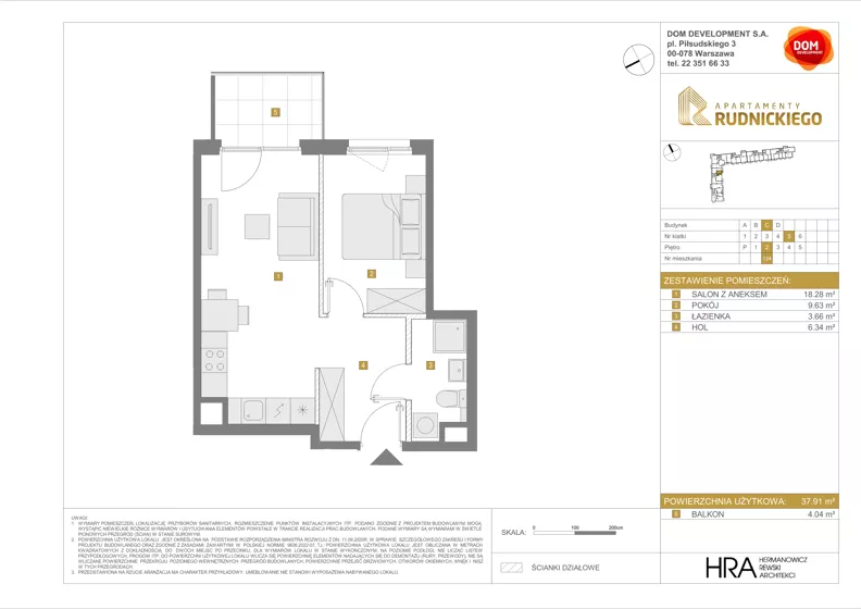 2 pokoje, mieszkanie 37,91 m², piętro 2, oferta nr C/124, Apartamenty Rudnickiego, Warszawa, Bielany, Piaski, ul. Rudnickiego 7
