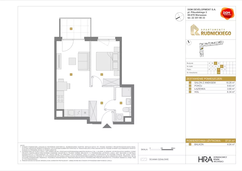 2 pokoje, mieszkanie 37,91 m², piętro 3, oferta nr C/128, Apartamenty Rudnickiego, Warszawa, Bielany, Piaski, ul. Rudnickiego 7