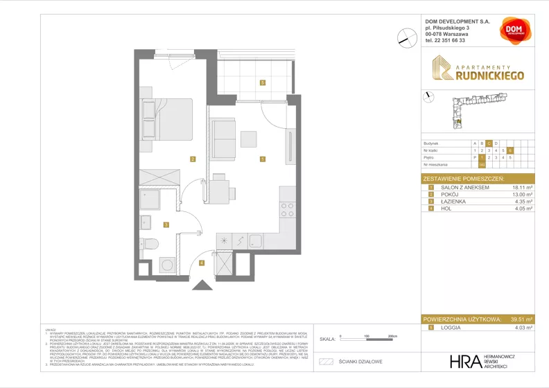 2 pokoje, mieszkanie 39,51 m², piętro 1, oferta nr C/143, Apartamenty Rudnickiego, Warszawa, Bielany, Piaski, ul. Rudnickiego 7