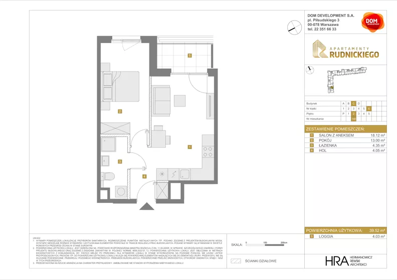 2 pokoje, mieszkanie 39,52 m², piętro 2, oferta nr C/148, Apartamenty Rudnickiego, Warszawa, Bielany, Piaski, ul. Rudnickiego 7