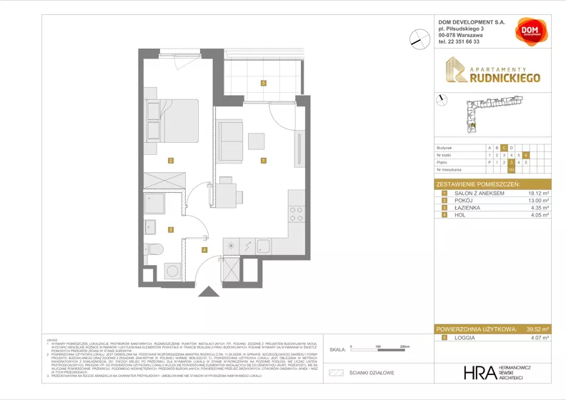 2 pokoje, mieszkanie 39,52 m², piętro 3, oferta nr C/153, Apartamenty Rudnickiego, Warszawa, Bielany, Piaski, ul. Rudnickiego 7