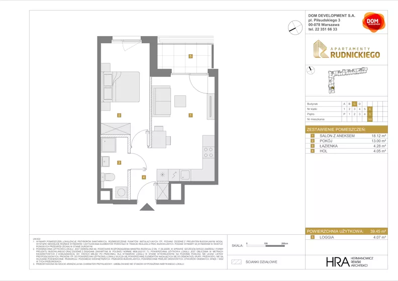 2 pokoje, mieszkanie 39,45 m², piętro 5, oferta nr C/163, Apartamenty Rudnickiego, Warszawa, Bielany, Piaski, ul. Rudnickiego 7