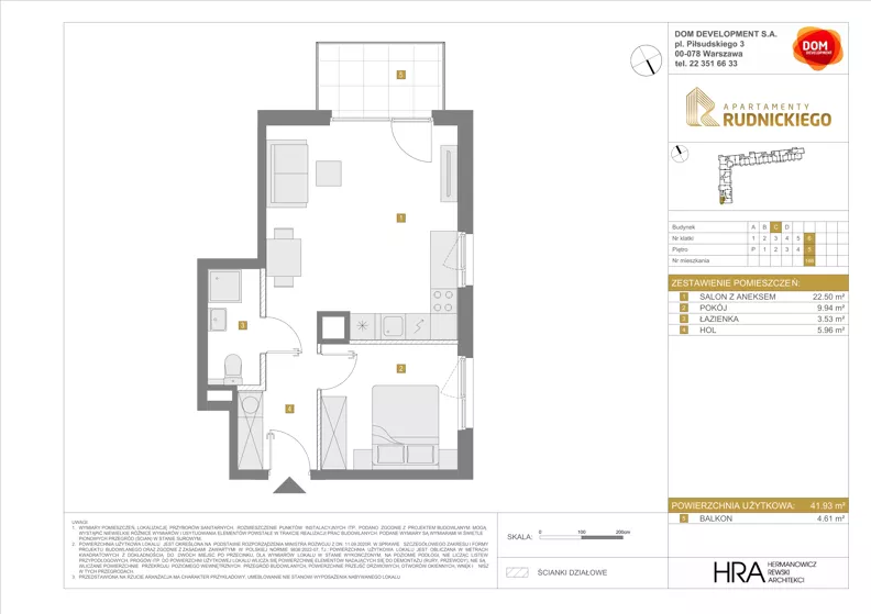 2 pokoje, mieszkanie 41,93 m², piętro 5, oferta nr C/166, Apartamenty Rudnickiego, Warszawa, Bielany, Piaski, ul. Rudnickiego 7