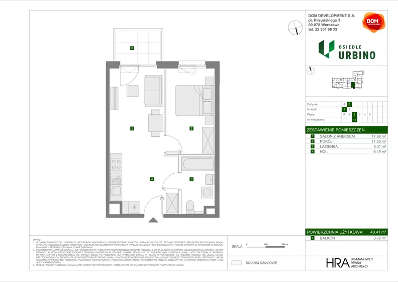 2 pokoje, mieszkanie 40,41 m², piętro 2, oferta nr B/14, Osiedle Urbino 4, Warszawa, Włochy, Raków, ul. Szybka