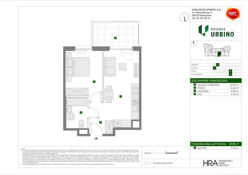 2 pokoje, mieszkanie 39,68 m², piętro 5, oferta nr F/27, Osiedle Urbino 4.3, Warszawa, Włochy, Raków, ul. Szybka