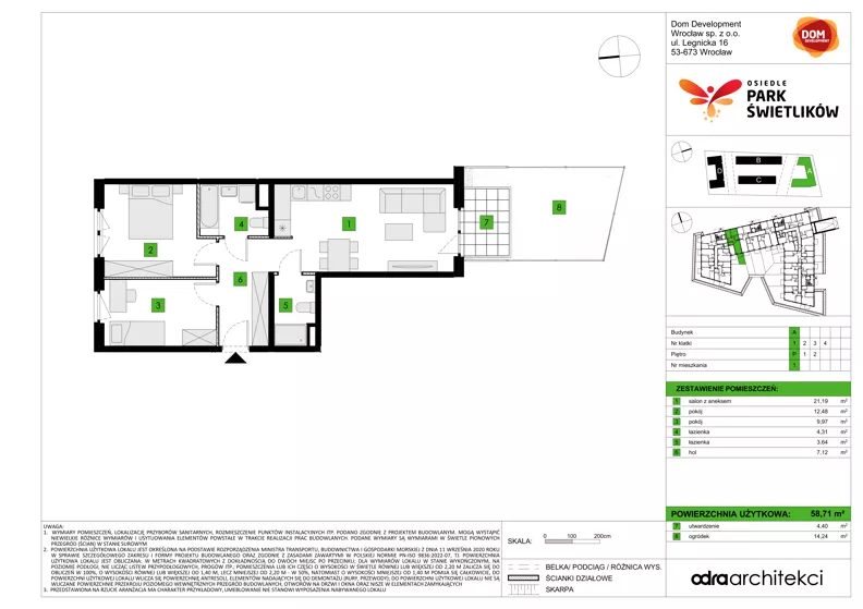 3 pokoje, mieszkanie 58,71 m², parter, oferta nr A/1, Osiedle Park Świetlików, Wrocław, Maślice, Aleja Śliwowa 21