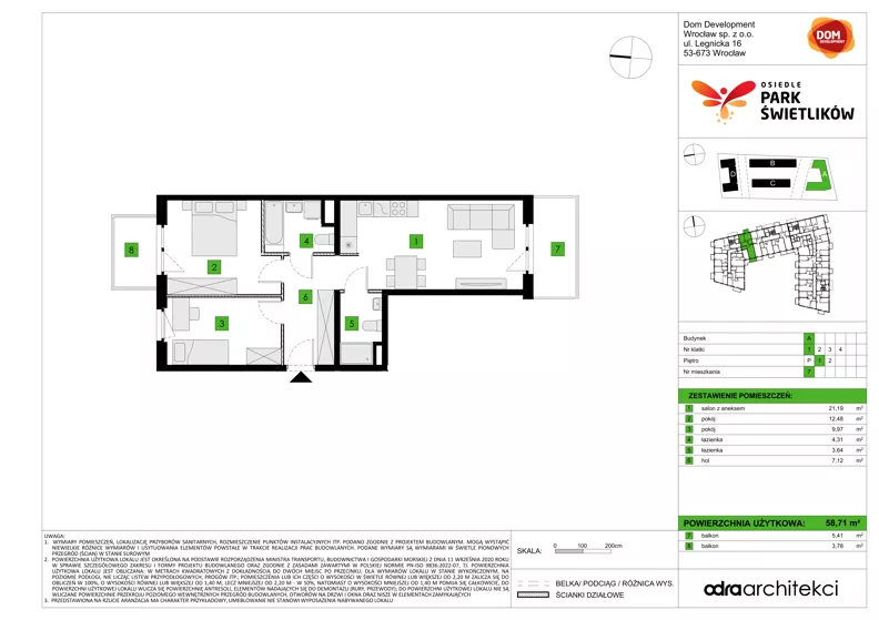 3 pokoje, mieszkanie 58,71 m², piętro 1, oferta nr A/7, Osiedle Park Świetlików, Wrocław, Maślice, Aleja Śliwowa 21