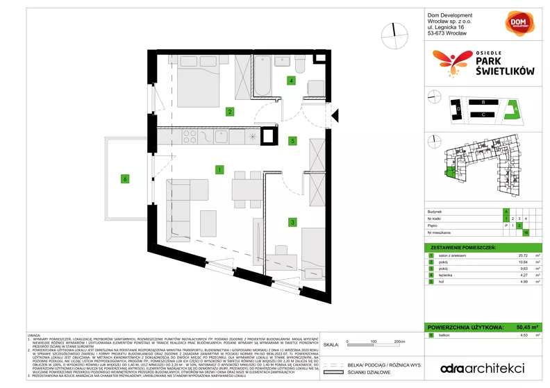 3 pokoje, mieszkanie 50,45 m², piętro 2, oferta nr A/16, Osiedle Park Świetlików, Wrocław, Maślice, Aleja Śliwowa 21