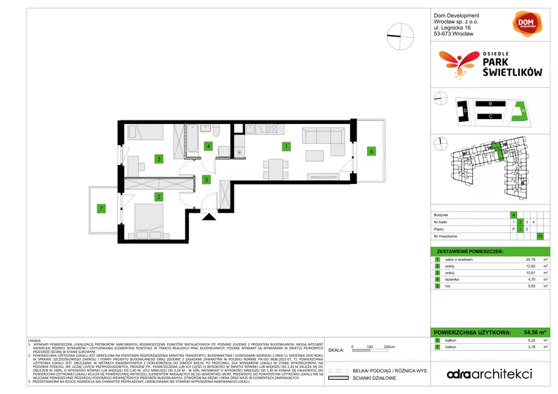 3 pokoje, mieszkanie 54,56 m², piętro 1, oferta nr A/23, Osiedle Park Świetlików, Wrocław, Maślice, Aleja Śliwowa 21