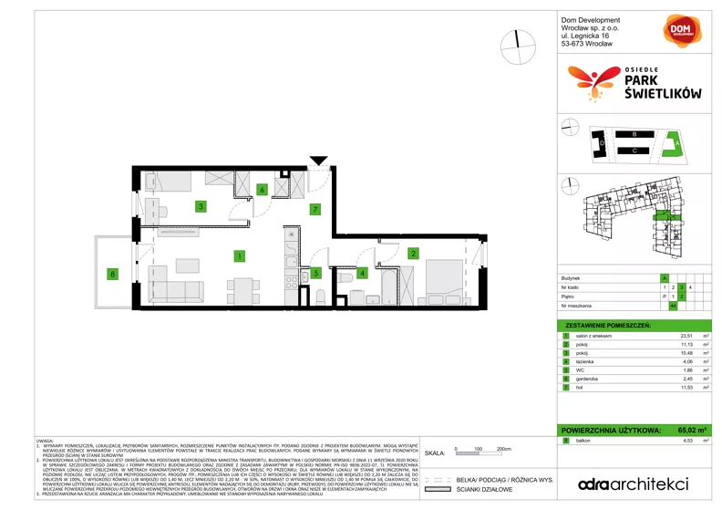 3 pokoje, mieszkanie 65,02 m², piętro 2, oferta nr A/44, Osiedle Park Świetlików, Wrocław, Maślice, Aleja Śliwowa 21