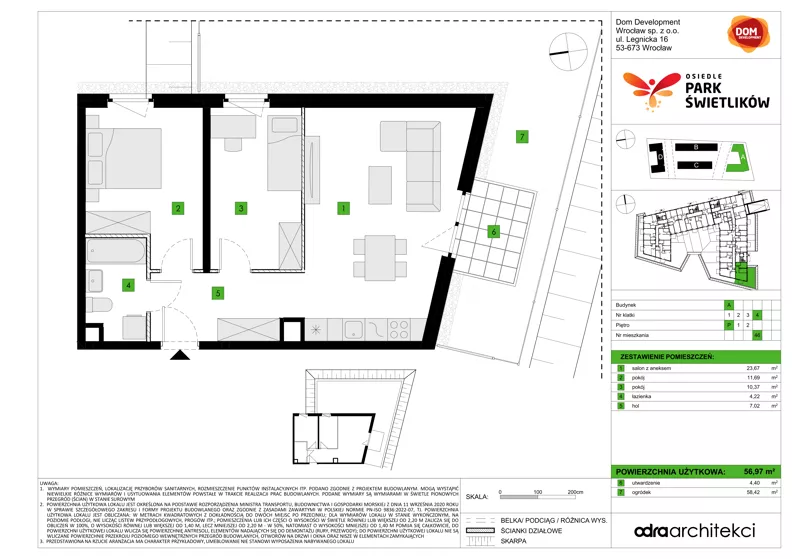 3 pokoje, mieszkanie 56,97 m², parter, oferta nr A/46, Osiedle Park Świetlików, Wrocław, Maślice, Aleja Śliwowa 21