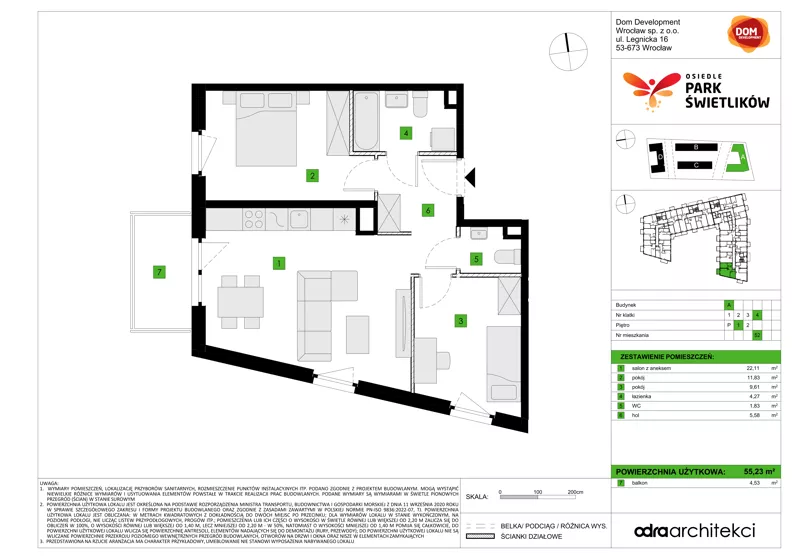 3 pokoje, mieszkanie 55,23 m², piętro 1, oferta nr A/52, Osiedle Park Świetlików, Wrocław, Maślice, Aleja Śliwowa 21