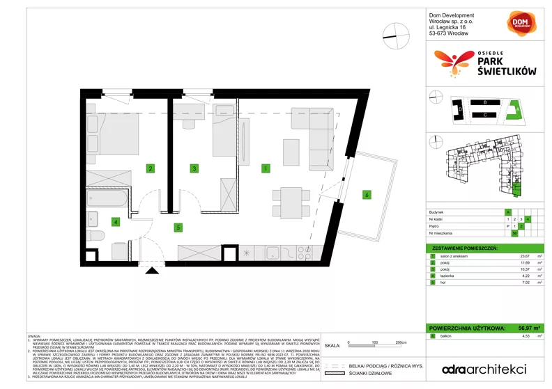 3 pokoje, mieszkanie 56,97 m², piętro 2, oferta nr A/56, Osiedle Park Świetlików, Wrocław, Maślice, Aleja Śliwowa 21
