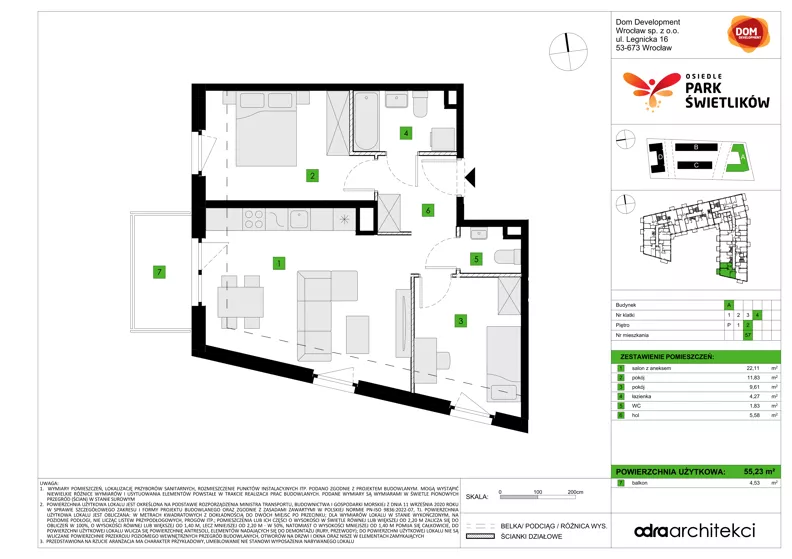 3 pokoje, mieszkanie 55,23 m², piętro 2, oferta nr A/57, Osiedle Park Świetlików, Wrocław, Maślice, Aleja Śliwowa 21