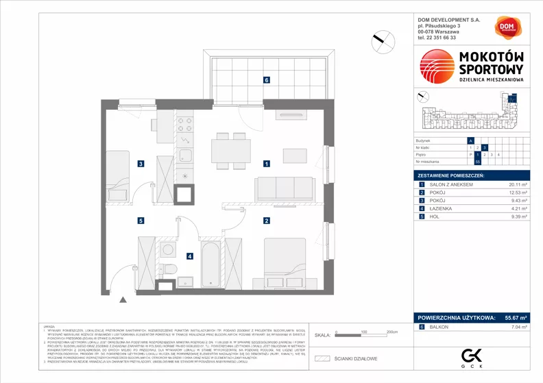 3 pokoje, mieszkanie 55,67 m², piętro 1, oferta nr A/55, Mokotów Sportowy 1.3, Warszawa, Mokotów, Augustówka, ul. Antoniewska