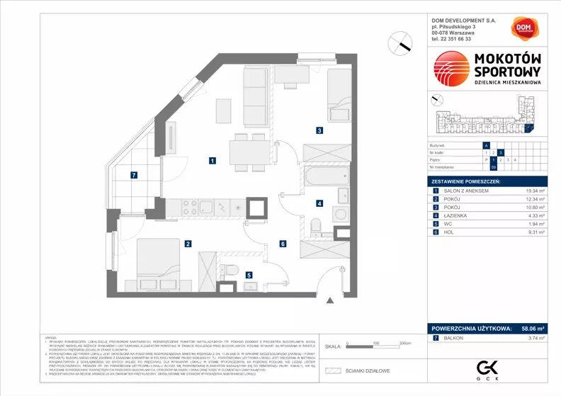 3 pokoje, mieszkanie 58,06 m², piętro 1, oferta nr A/59, Mokotów Sportowy 1.3, Warszawa, Mokotów, Augustówka, ul. Antoniewska