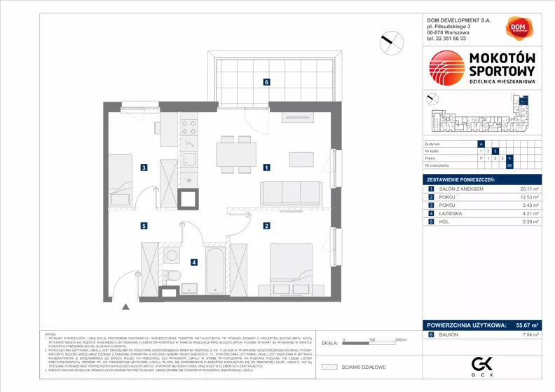 3 pokoje, mieszkanie 55,67 m², piętro 4, oferta nr A/85, Mokotów Sportowy 1.3, Warszawa, Mokotów, Augustówka, ul. Antoniewska