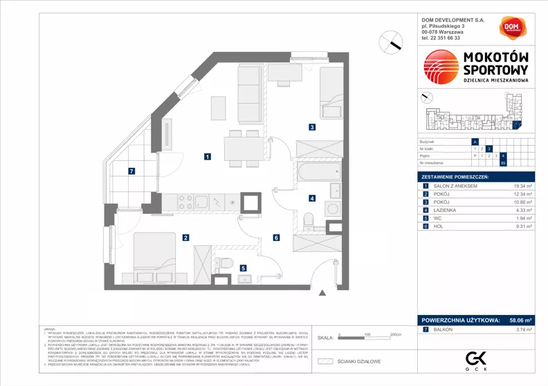 3 pokoje, mieszkanie 58,06 m², piętro 4, oferta nr A/89, Mokotów Sportowy 1.3, Warszawa, Mokotów, Augustówka, ul. Antoniewska