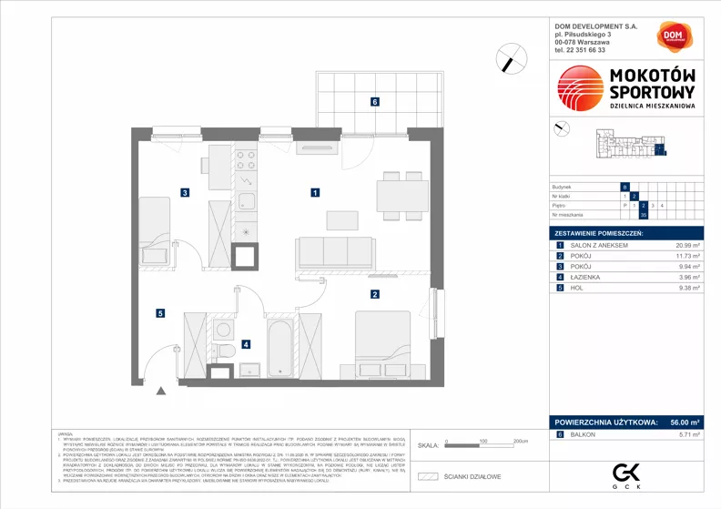 3 pokoje, mieszkanie 56,00 m², piętro 2, oferta nr B/35, Mokotów Sportowy 1.3, Warszawa, Mokotów, Augustówka, ul. Antoniewska