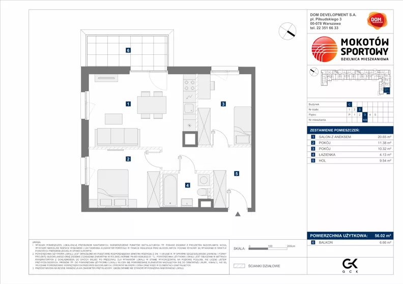 3 pokoje, mieszkanie 56,02 m², piętro 3, oferta nr C/103, Mokotów Sportowy 1.3, Warszawa, Mokotów, Augustówka, ul. Antoniewska