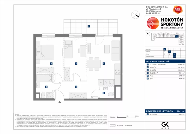 3 pokoje, mieszkanie 59,41 m², piętro 4, oferta nr C/105, Mokotów Sportowy 1.3, Warszawa, Mokotów, Augustówka, ul. Antoniewska