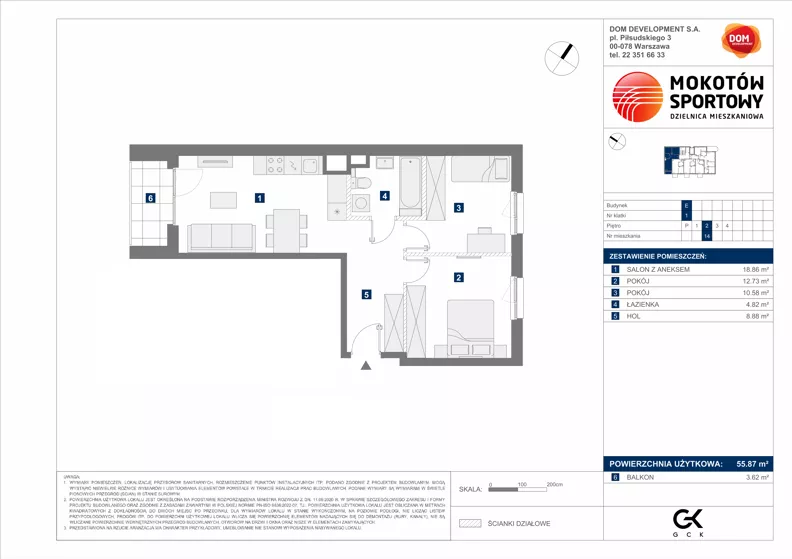 3 pokoje, mieszkanie 55,87 m², piętro 2, oferta nr E/14, Mokotów Sportowy 1.3, Warszawa, Mokotów, Augustówka, ul. Antoniewska