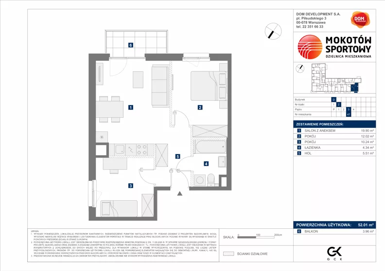 3 pokoje, mieszkanie 52,01 m², piętro 3, oferta nr D/47, Mokotów Sportowy 1.3, Warszawa, Mokotów, Augustówka, ul. Antoniewska