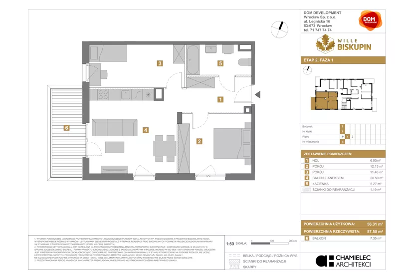 3 pokoje, mieszkanie 56,31 m², piętro 1, oferta nr T/4, Wille Biskupin 2.1, Wrocław, Biskupin-Sępolno-Dąbie-Bartoszowice, Śródmieście, ul. K. Olszewskiego