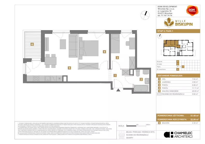 3 pokoje, mieszkanie 51,49 m², piętro 2, oferta nr T/8, Wille Biskupin 2.1, Wrocław, Biskupin-Sępolno-Dąbie-Bartoszowice, Śródmieście, ul. K. Olszewskiego