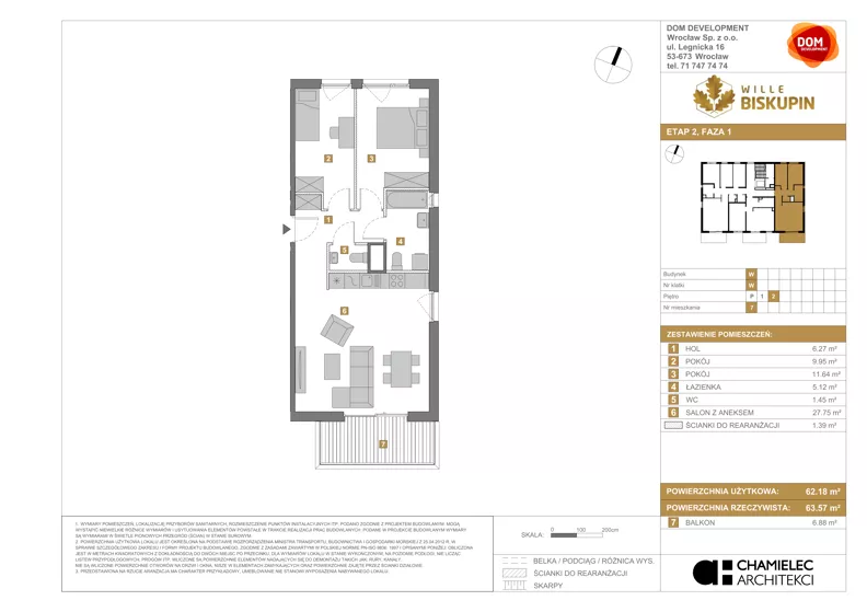 3 pokoje, mieszkanie 62,18 m², piętro 2, oferta nr W/7, Wille Biskupin 2.1, Wrocław, Biskupin-Sępolno-Dąbie-Bartoszowice, Śródmieście, ul. K. Olszewskiego
