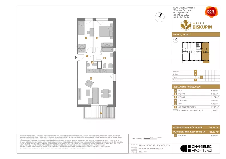 3 pokoje, mieszkanie 62,18 m², piętro 2, oferta nr V/7, Wille Biskupin 2.1, Wrocław, Biskupin-Sępolno-Dąbie-Bartoszowice, Śródmieście, ul. K. Olszewskiego