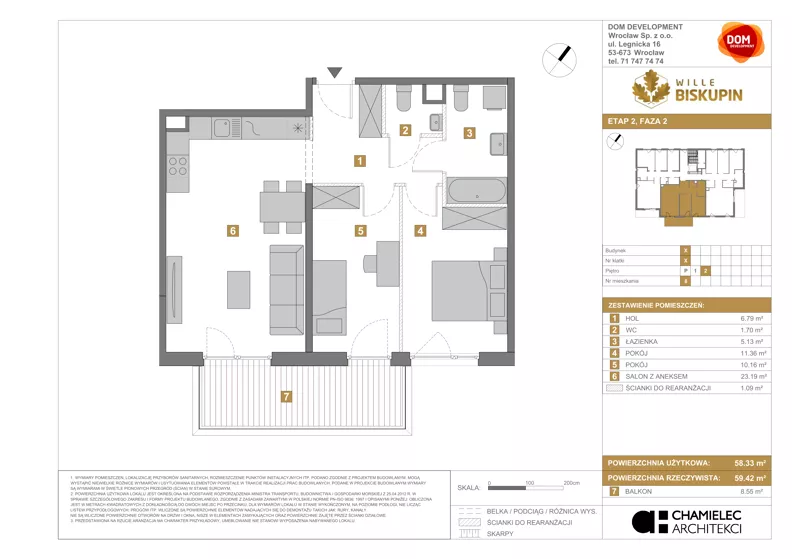 3 pokoje, mieszkanie 58,33 m², piętro 2, oferta nr X/8, Wille Biskupin 2.2, Wrocław, Biskupin-Sępolno-Dąbie-Bartoszowice, Śródmieście, ul. Karola Olszewskiego