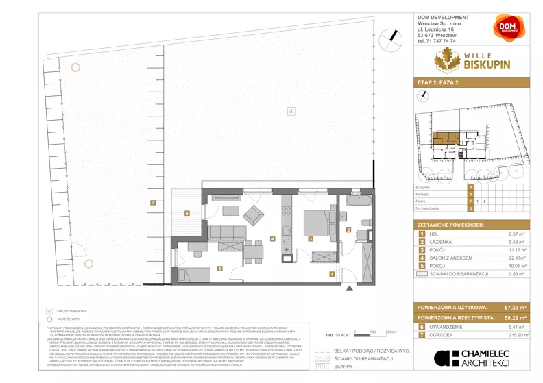 3 pokoje, mieszkanie 57,39 m², parter, oferta nr Y/2, Wille Biskupin 2.2, Wrocław, Biskupin-Sępolno-Dąbie-Bartoszowice, Śródmieście, ul. Karola Olszewskiego