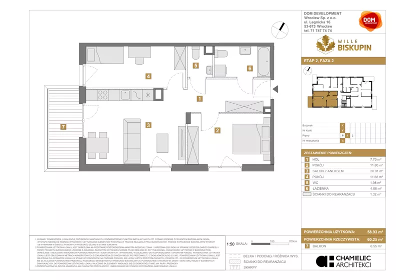 3 pokoje, mieszkanie 58,93 m², piętro 1, oferta nr Y/4, Wille Biskupin 2.2, Wrocław, Biskupin-Sępolno-Dąbie-Bartoszowice, Śródmieście, ul. Karola Olszewskiego
