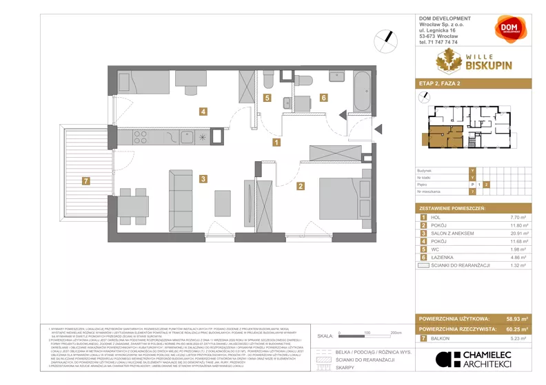 3 pokoje, mieszkanie 58,93 m², piętro 2, oferta nr Y/7, Wille Biskupin 2.2, Wrocław, Biskupin-Sępolno-Dąbie-Bartoszowice, Śródmieście, ul. Karola Olszewskiego