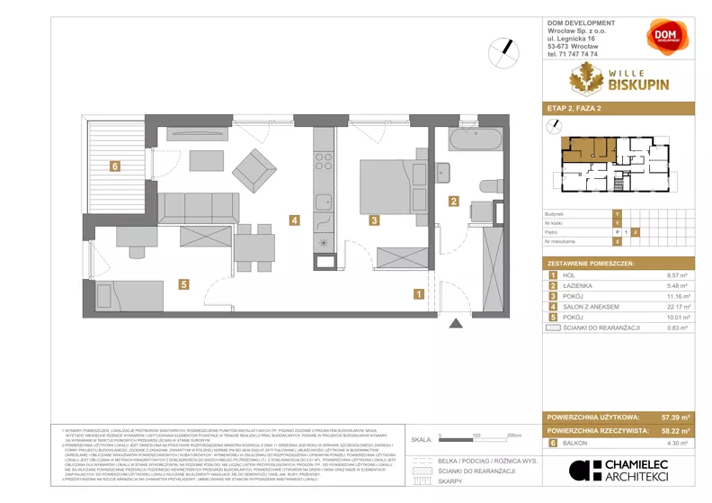 3 pokoje, mieszkanie 57,39 m², piętro 2, oferta nr Y/8, Wille Biskupin 2.2, Wrocław, Biskupin-Sępolno-Dąbie-Bartoszowice, Śródmieście, ul. Karola Olszewskiego