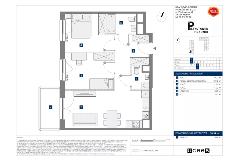 3 pokoje, mieszkanie 58,94 m², piętro 2, oferta nr C/13, Przystanek Prądnik 2, Kraków, Prądnik Biały, Górka Narodowa, ul. Meiera