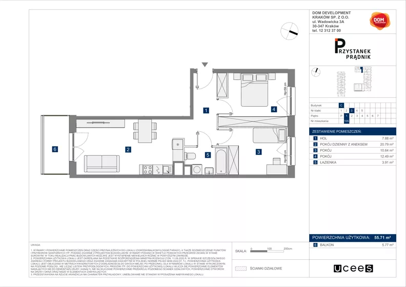 3 pokoje, mieszkanie 55,71 m², piętro 1, oferta nr C/105, Przystanek Prądnik 2, Kraków, Prądnik Biały, Górka Narodowa, ul. Meiera