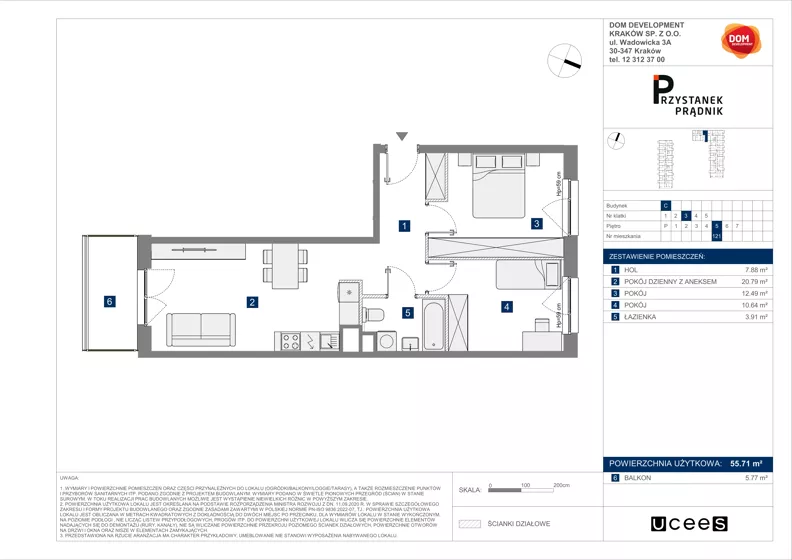 3 pokoje, mieszkanie 55,71 m², piętro 5, oferta nr C/121, Przystanek Prądnik 2, Kraków, Prądnik Biały, Górka Narodowa, ul. Meiera