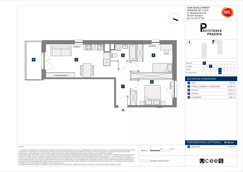 3 pokoje, mieszkanie 55,84 m², piętro 5, oferta nr C/124, Przystanek Prądnik 2, Kraków, Prądnik Biały, Górka Narodowa, ul. Meiera