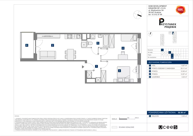 3 pokoje, mieszkanie 56,99 m², piętro 4, oferta nr C/148, Przystanek Prądnik 2, Kraków, Prądnik Biały, Górka Narodowa, ul. Meiera