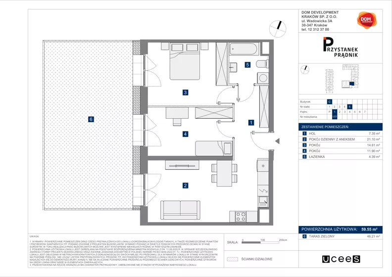 3 pokoje, mieszkanie 59,55 m², piętro 1, oferta nr C/177, Przystanek Prądnik 2, Kraków, Prądnik Biały, Górka Narodowa, ul. Meiera