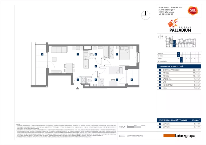 3 pokoje, mieszkanie 57,49 m², piętro 1, oferta nr A/1, Osiedle Palladium, Warszawa, Białołęka, Nowodwory, ul. Mieczysławy Ćwiklińskiej