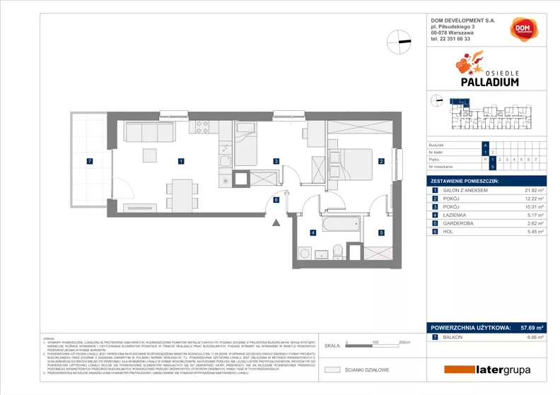 3 pokoje, mieszkanie 57,69 m², piętro 1, oferta nr A/5, Osiedle Palladium, Warszawa, Białołęka, Nowodwory, ul. Mieczysławy Ćwiklińskiej