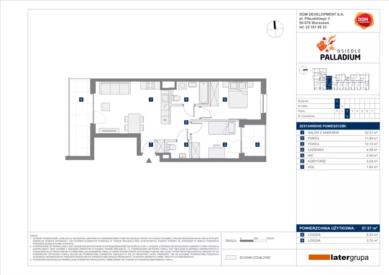 3 pokoje, mieszkanie 57,57 m², piętro 2, oferta nr A/6, Osiedle Palladium, Warszawa, Białołęka, Nowodwory, ul. Mieczysławy Ćwiklińskiej