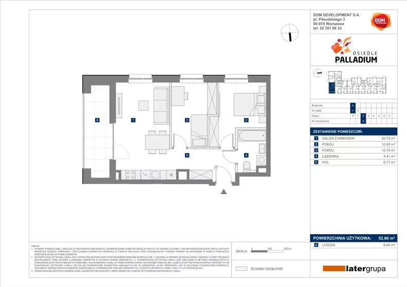 3 pokoje, mieszkanie 52,66 m², piętro 2, oferta nr A/8, Osiedle Palladium, Warszawa, Białołęka, Nowodwory, ul. Mieczysławy Ćwiklińskiej